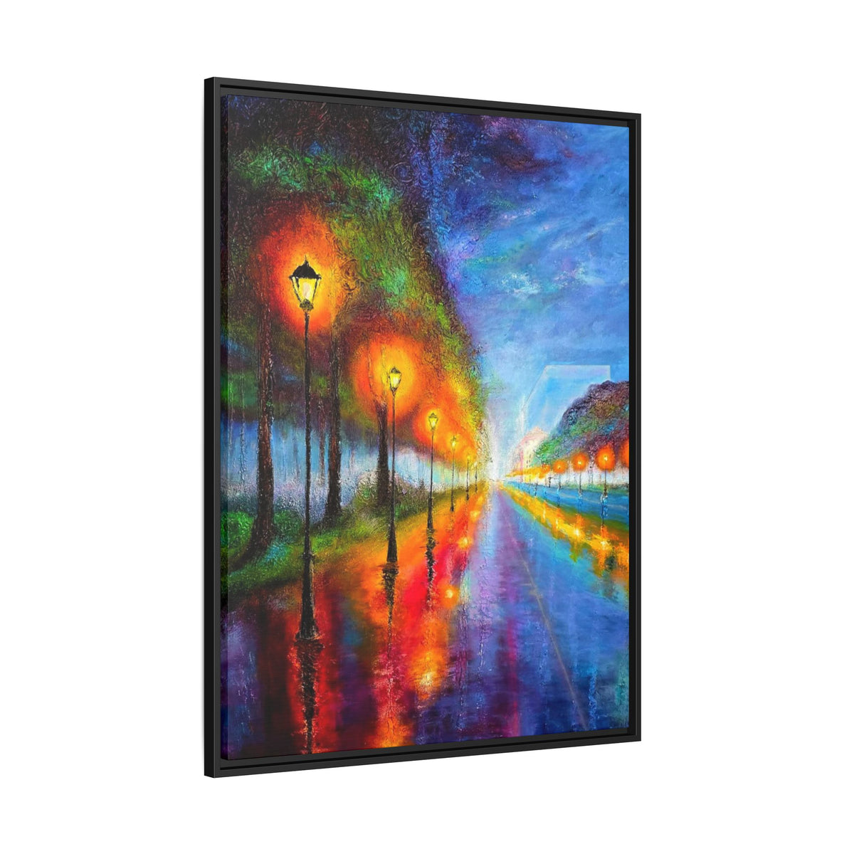 Framed Matte Canvas - Colorful City Street Lamp Nightscape