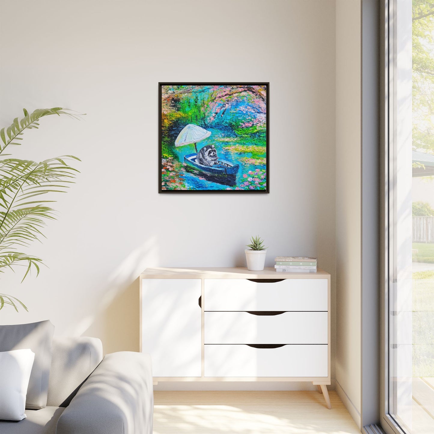 Framed Matte Canvas Art — Jimothy in a Boat Spring Landscape