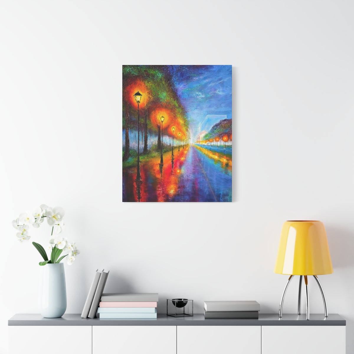Colorful City Night Lamp Post Canvas Art — Matte Stretched Wall Decor