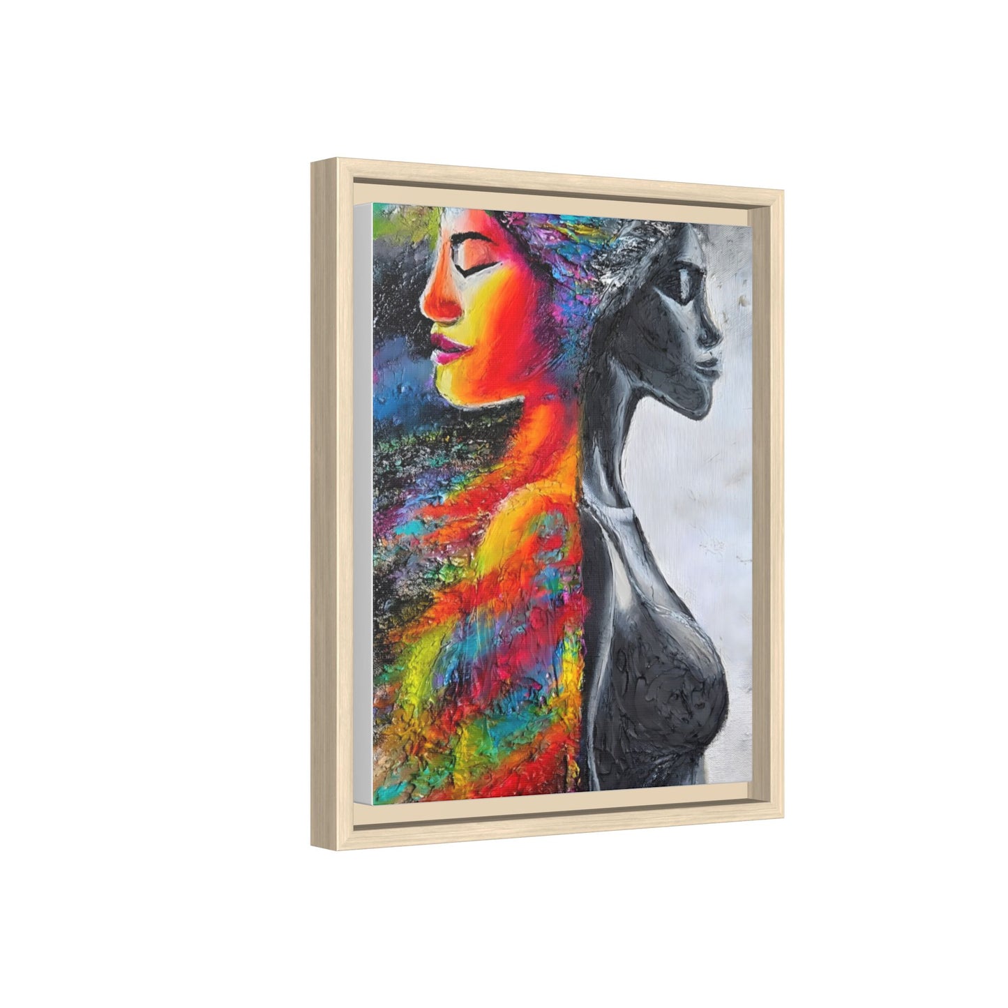 Framed Matte Canvas Art – Colorful Dual-Faced Woman Portrait