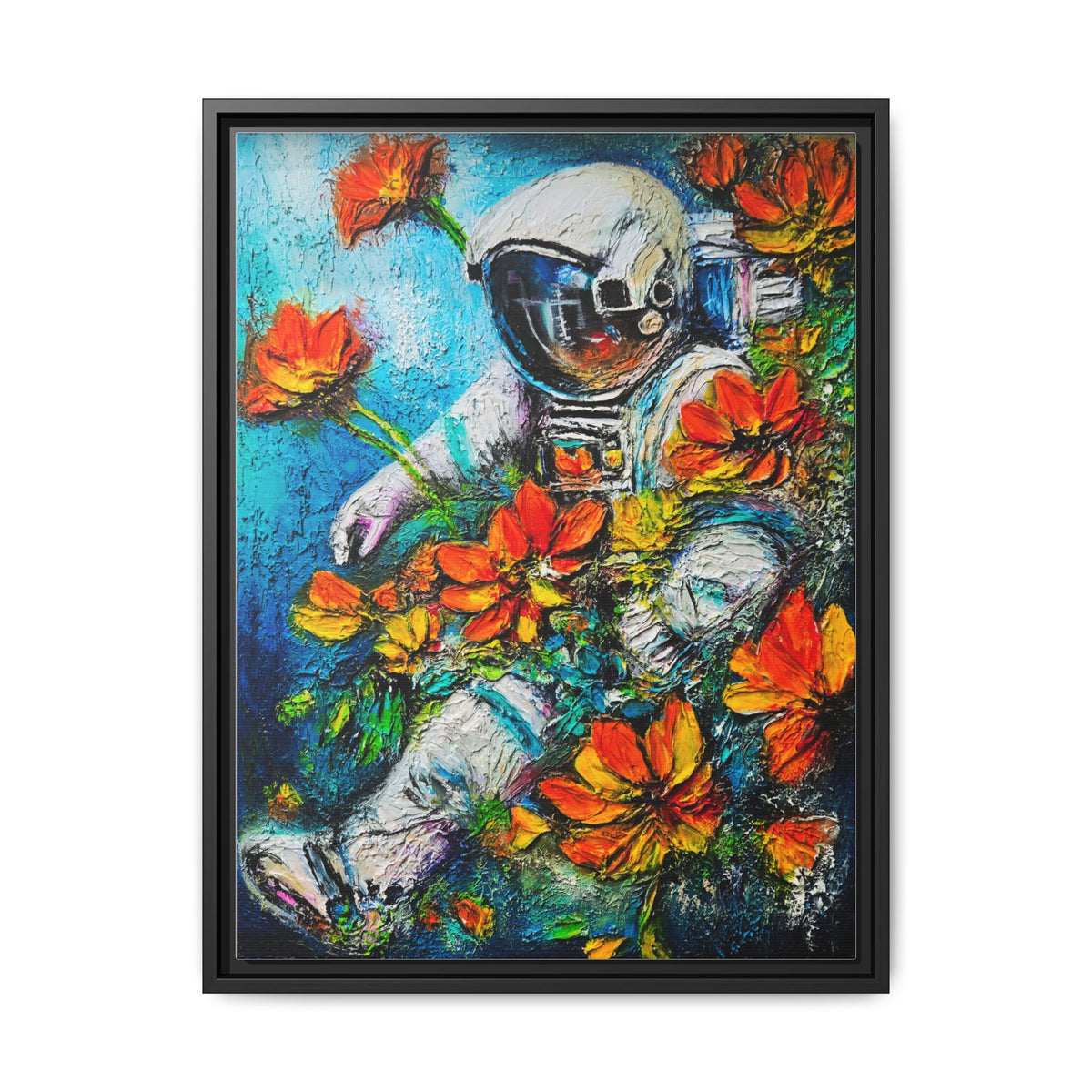 Framed Astronaut Art Print — Colorful Floral Space Canvas