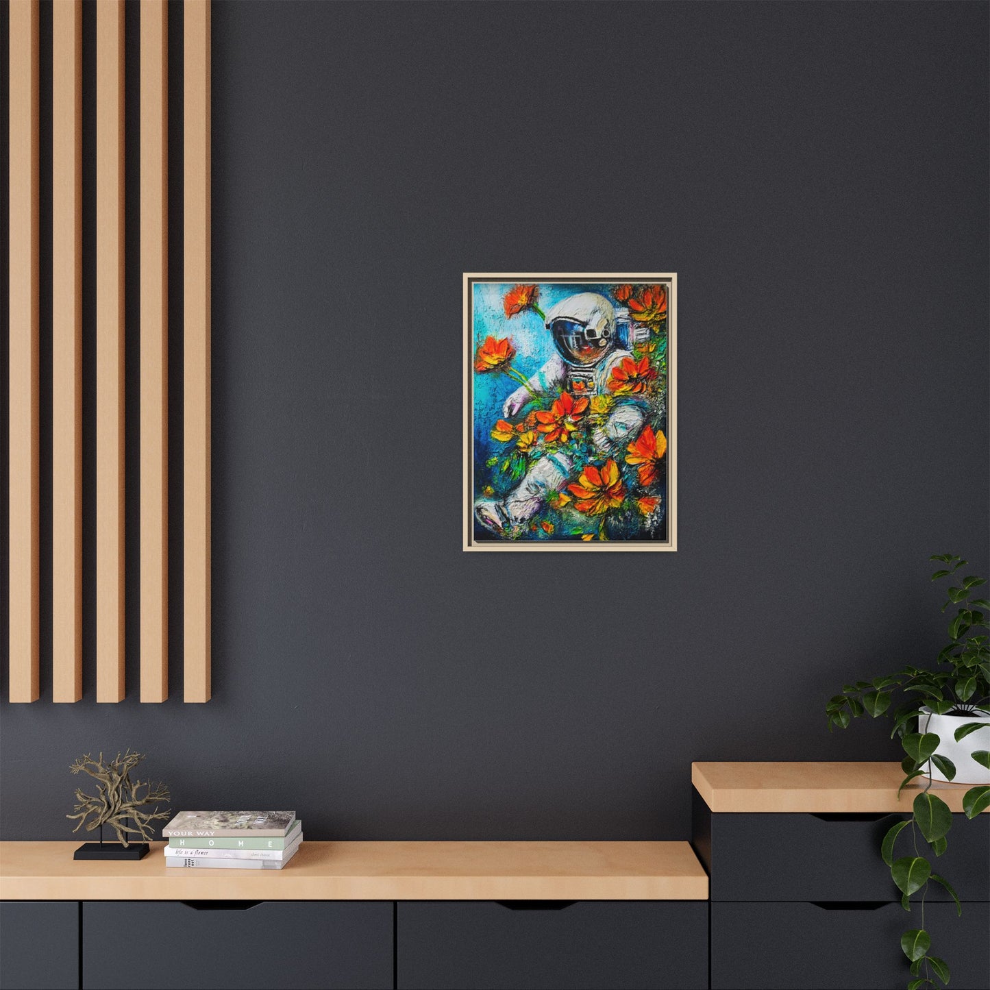 Framed Astronaut Art Print — Colorful Floral Space Canvas