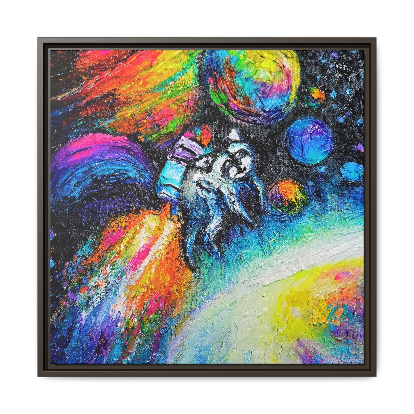 Framed Matte Jimothy in Space Canvas Art – Colorful Astronaut Space Painting