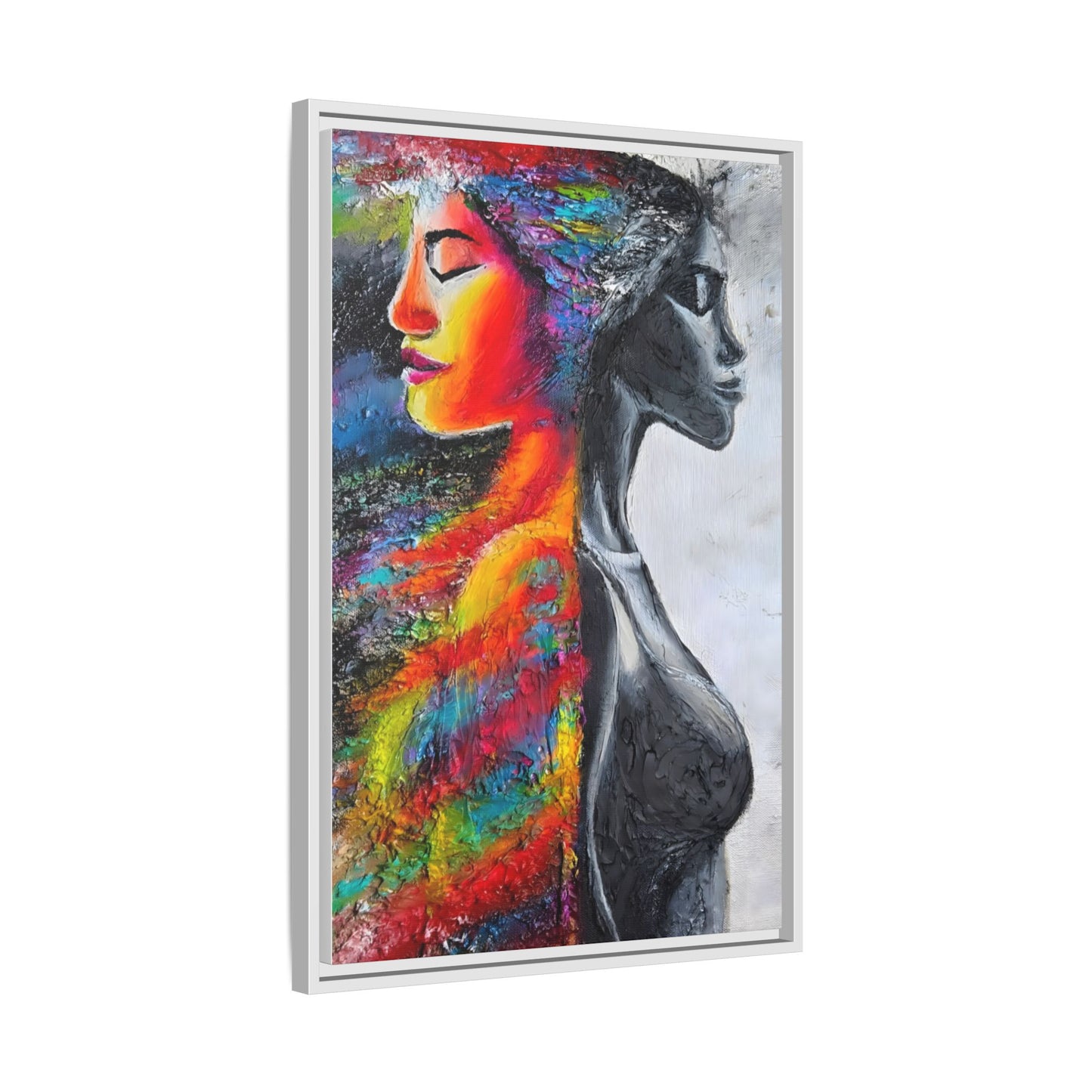 Framed Matte Canvas Art – Colorful Dual-Faced Woman Portrait