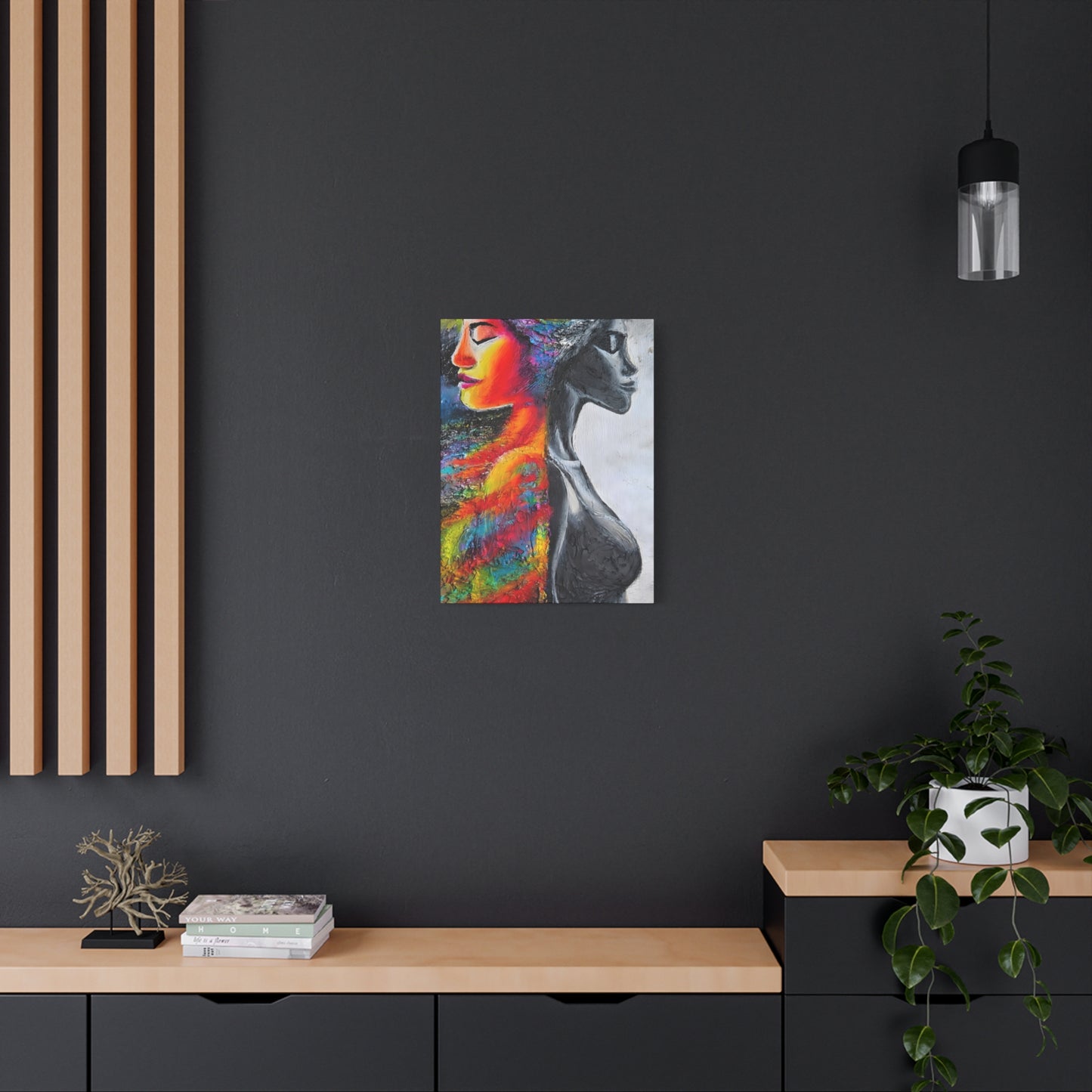 Duality Portrait Canvas Print — Colorful Woman & Monochrome Silhouette Stretched Matte