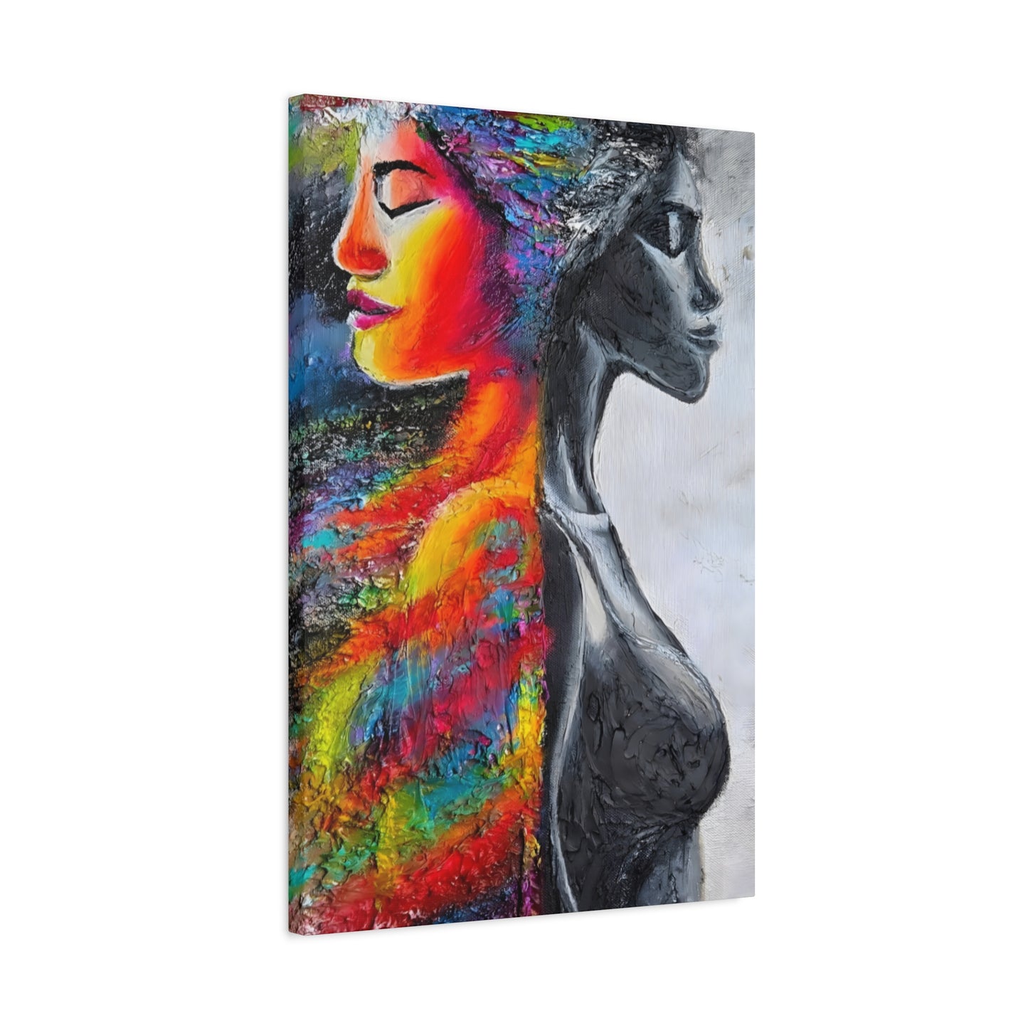 Duality Portrait Canvas Print — Colorful Woman & Monochrome Silhouette Stretched Matte