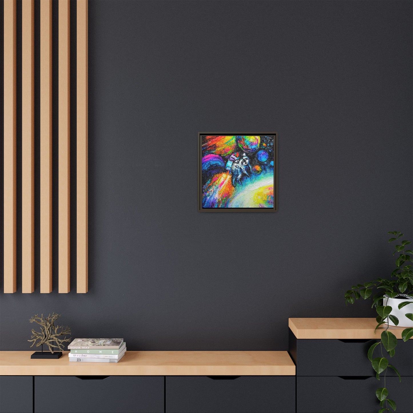 Framed Matte Jimothy in Space Canvas Art – Colorful Astronaut Space Painting
