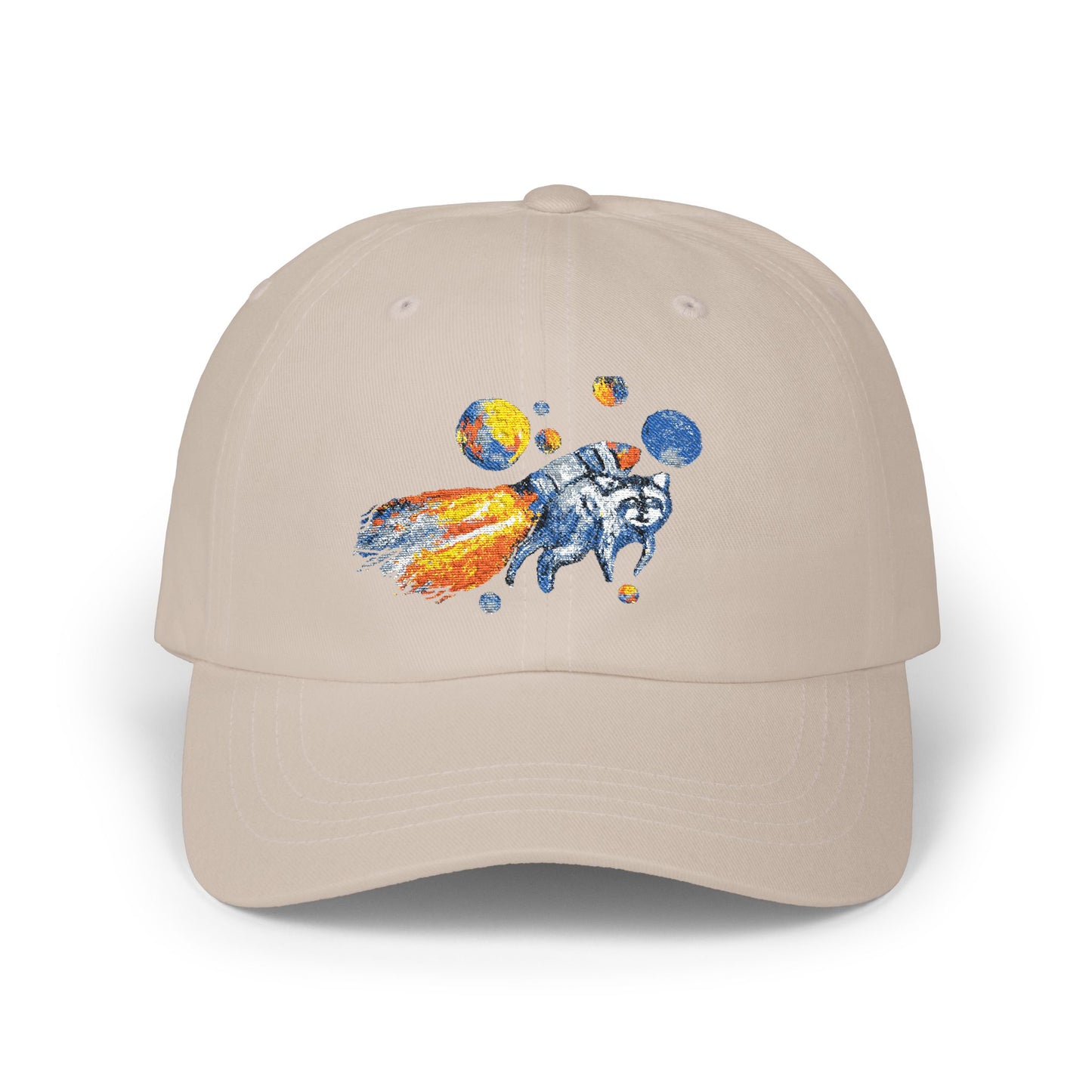 Astronaut Jimothy Dad Cap — Retro Space Raccoon Embroidered Baseball Hat