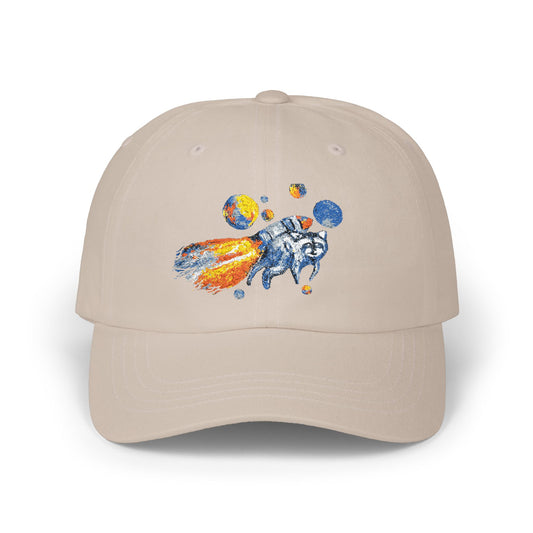 Astronaut Jimothy Dad Cap — Retro Space Raccoon Embroidered Baseball Hat
