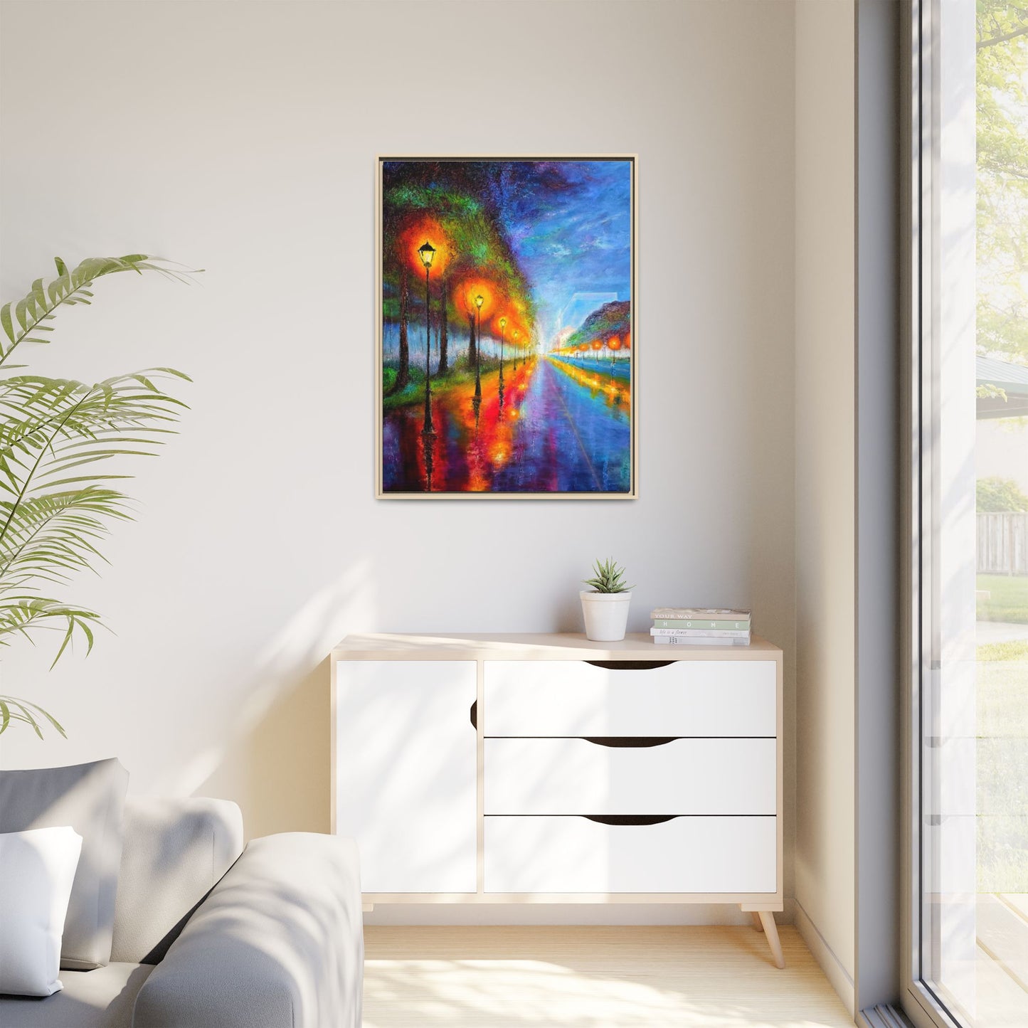 Framed Matte Canvas - Colorful City Street Lamp Nightscape