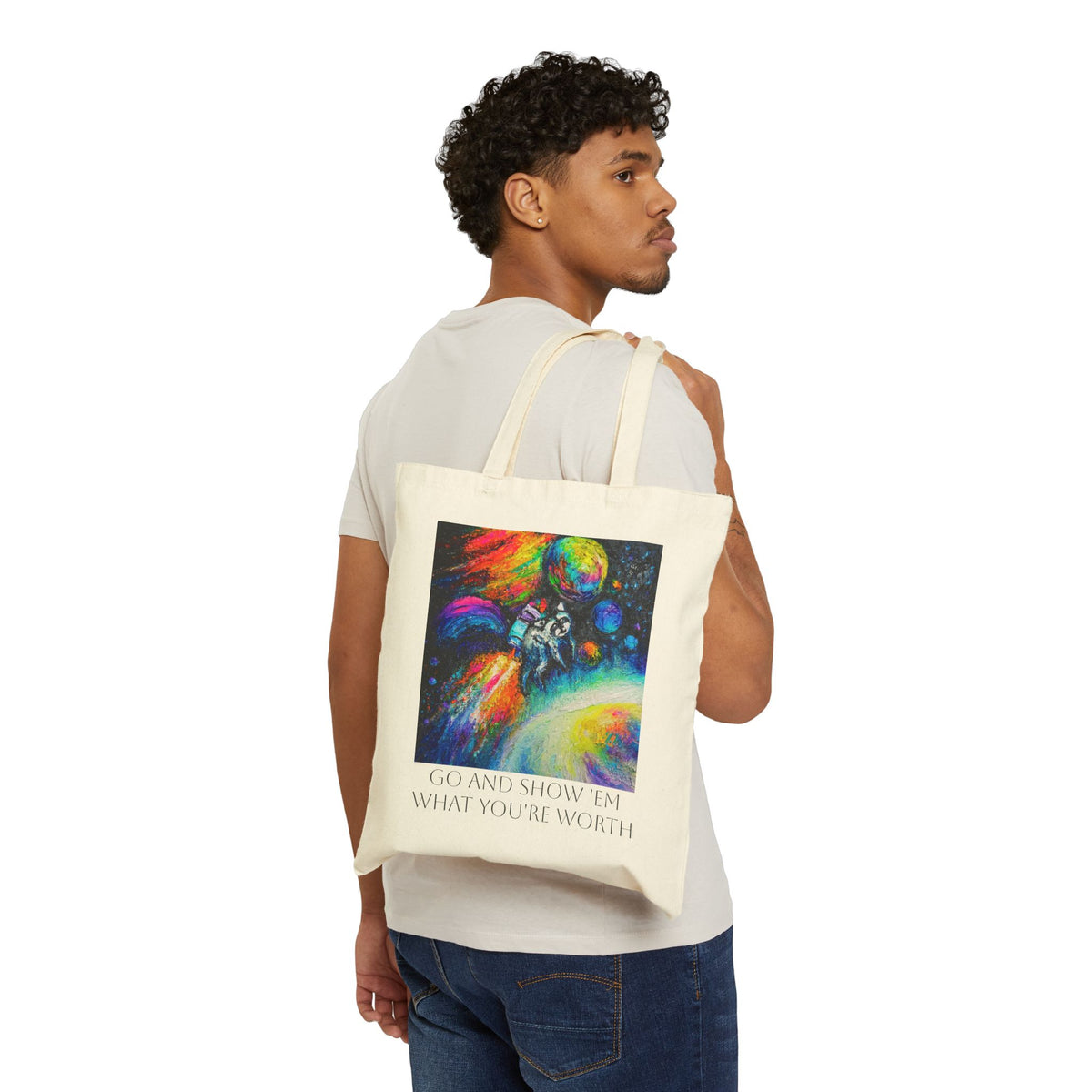 Cosmic Jimothy Canvas Tote — "Go and Show 'Em What You're Worth"