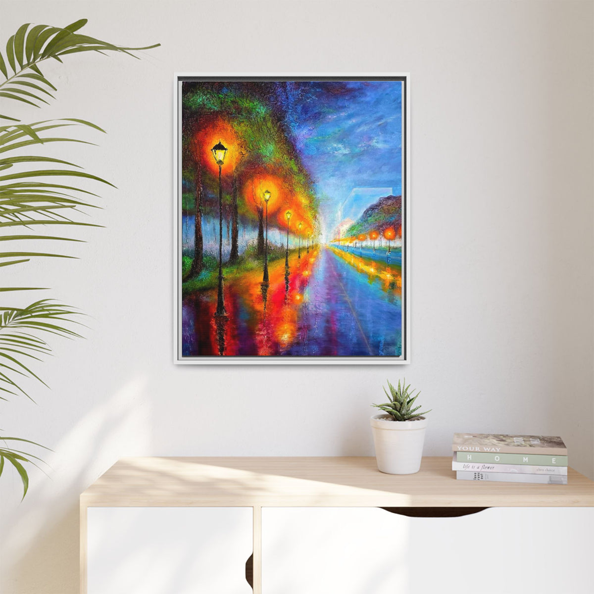 Framed Matte Canvas - Colorful City Street Lamp Nightscape