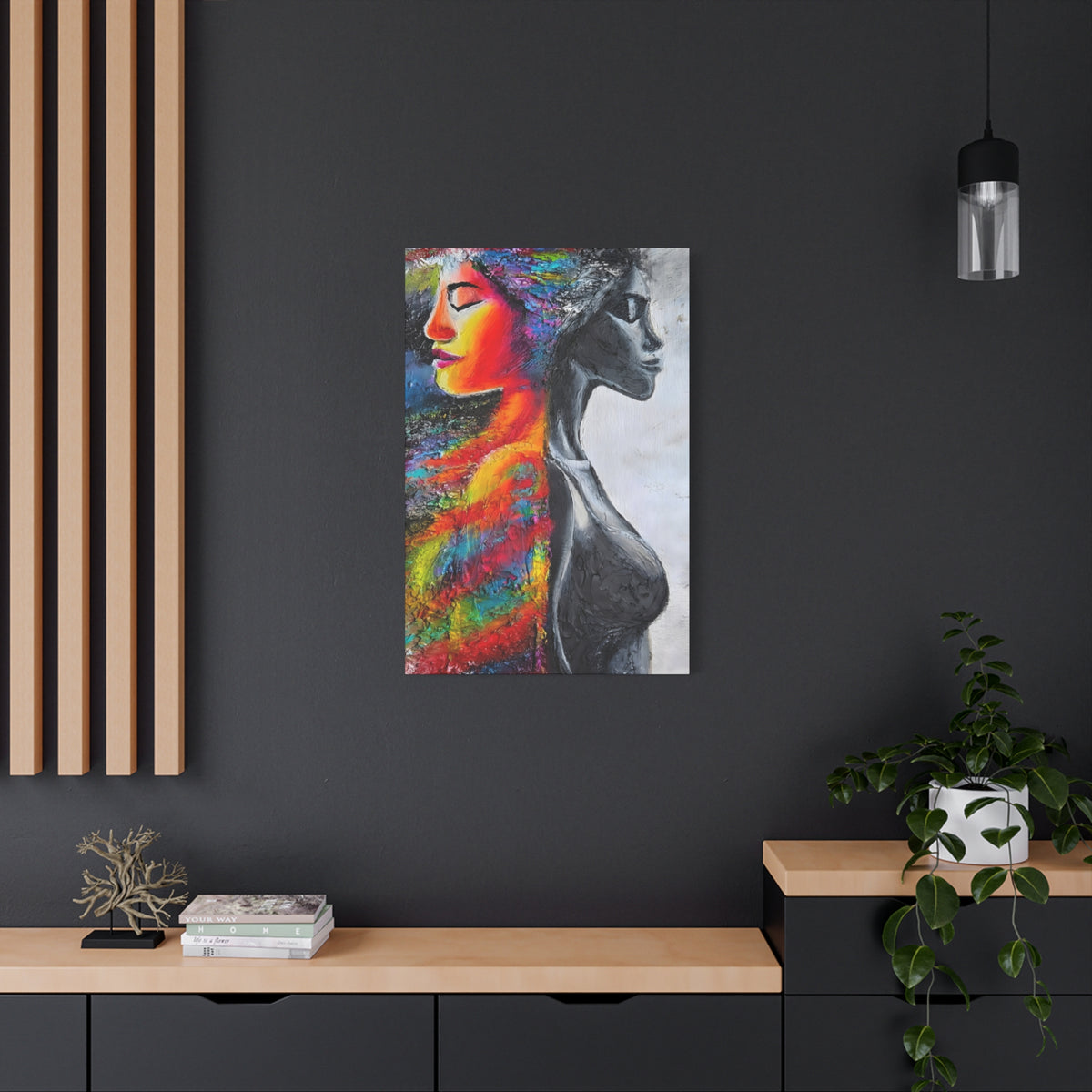 Duality Portrait Canvas Print — Colorful Woman & Monochrome Silhouette Stretched Matte