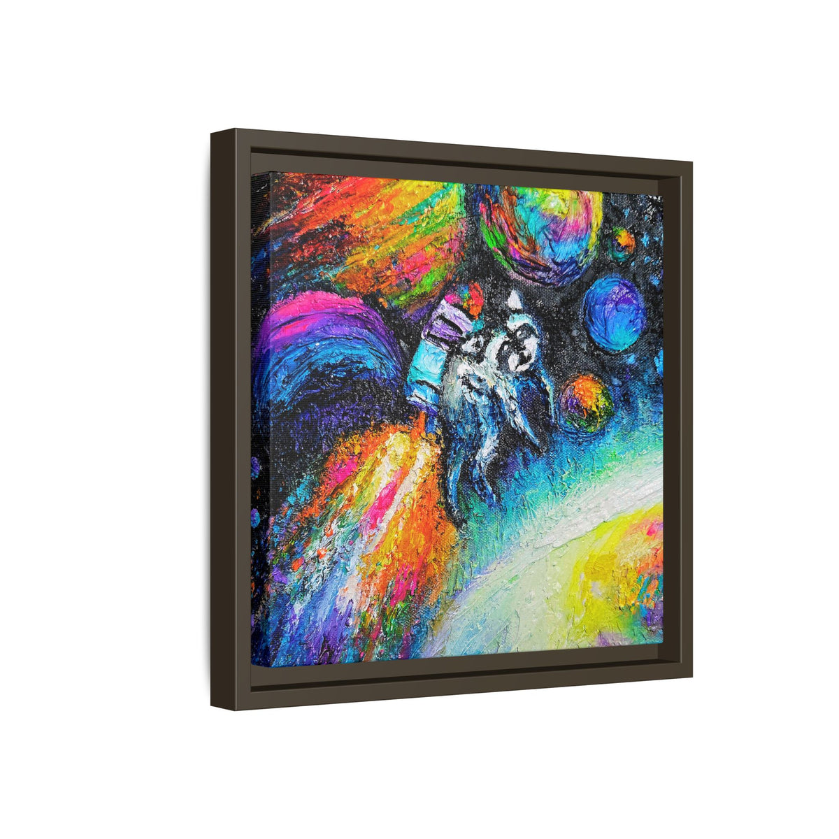 Framed Matte Jimothy in Space Canvas Art – Colorful Astronaut Space Painting