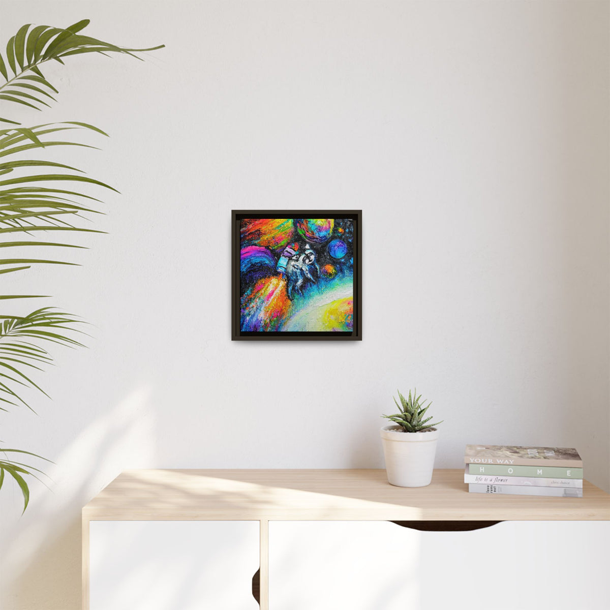 Framed Matte Jimothy in Space Canvas Art – Colorful Astronaut Space Painting