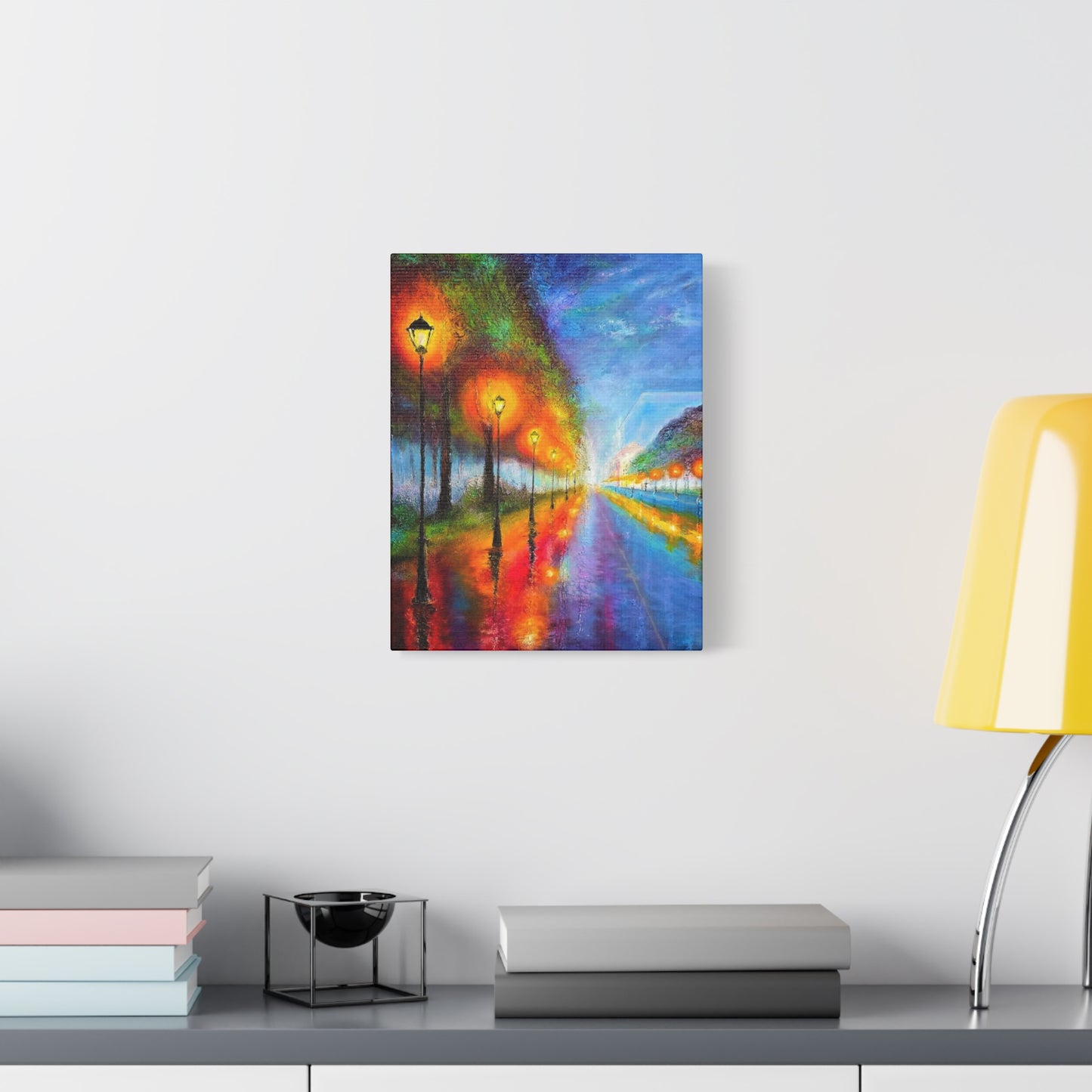 Colorful City Night Lamp Post Canvas Art — Matte Stretched Wall Decor