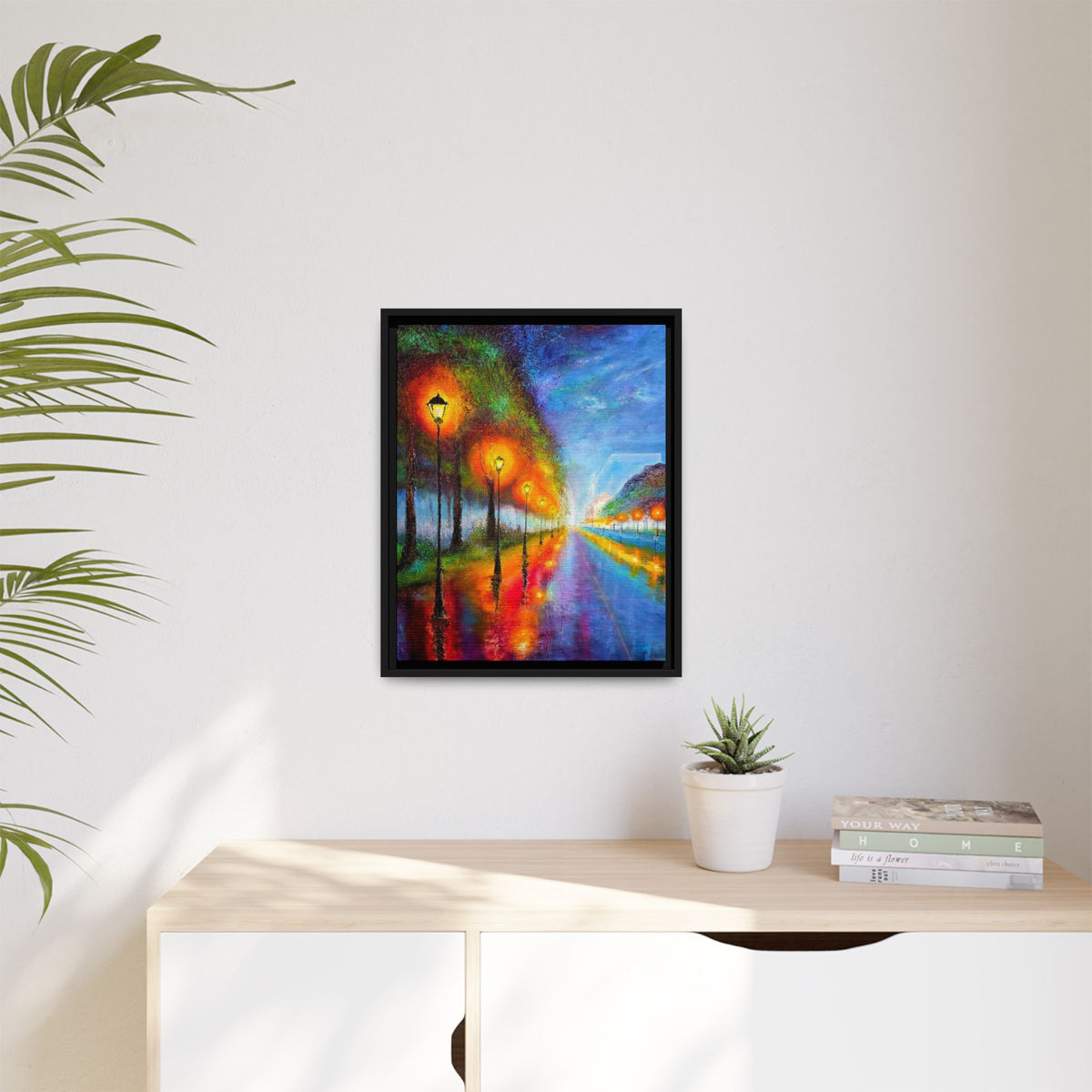 Framed Matte Canvas - Colorful City Street Lamp Nightscape