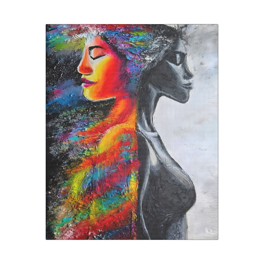 Abstract Duality Portrait Satin Canvas Art - Colorful Woman & Monochrome Silhouette Stretched