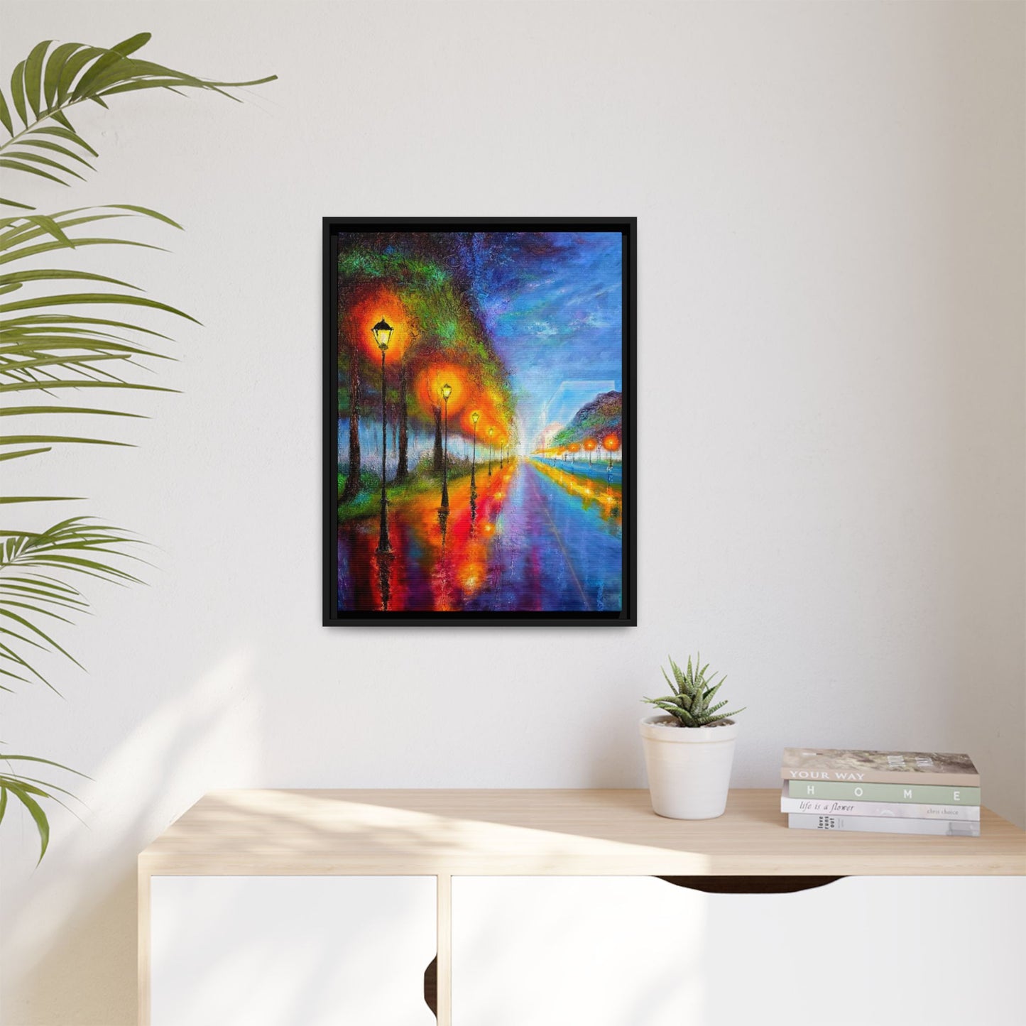 Framed Matte Canvas - Colorful City Street Lamp Nightscape