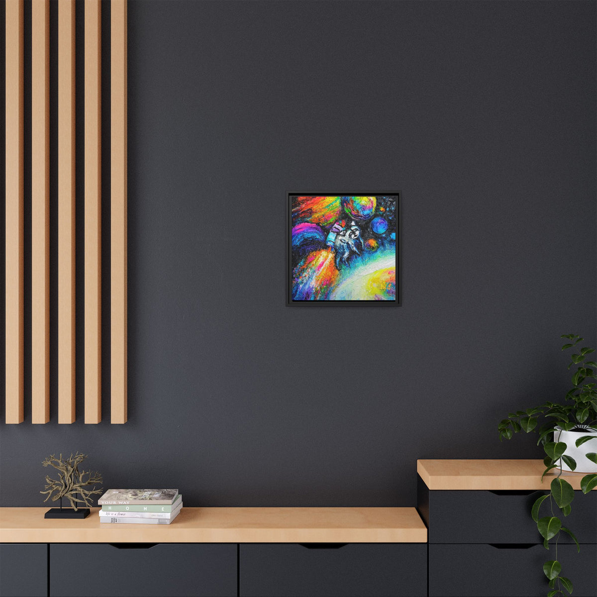 Framed Matte Jimothy in Space Canvas Art – Colorful Astronaut Space Painting