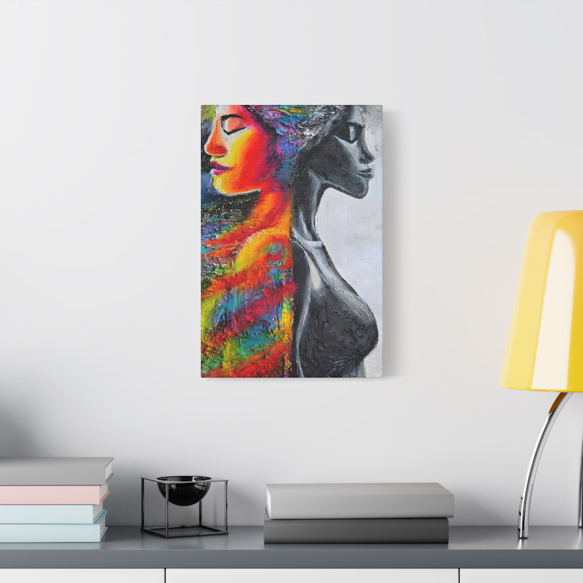 Duality Portrait Canvas Print — Colorful Woman & Monochrome Silhouette Stretched Matte