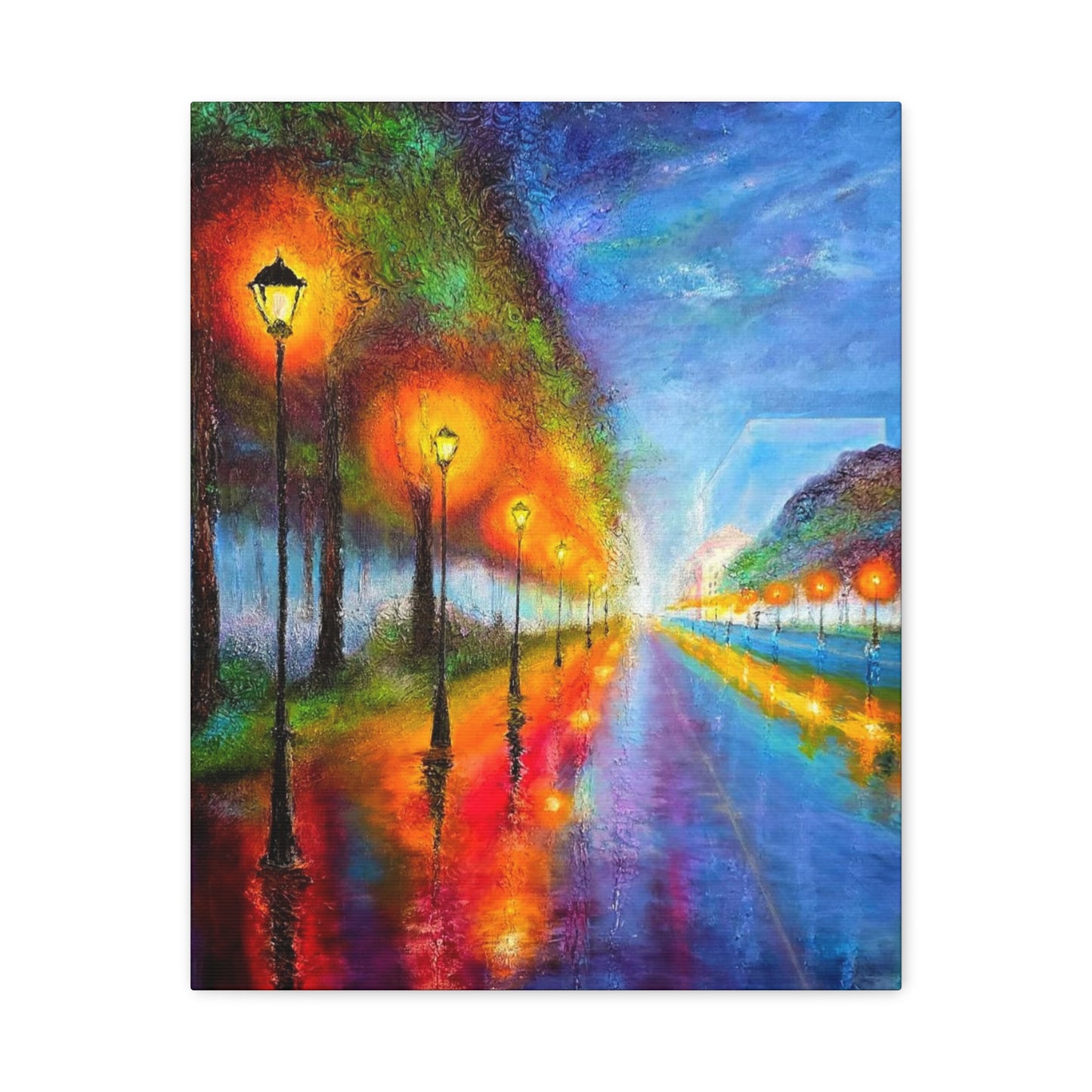 Colorful City Night Lamp Post Canvas Art — Matte Stretched Wall Decor